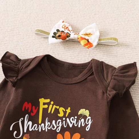 Shalofer Baby Girl Thanksgiving Outfit My First Thanksgiving Bodysuit Thanksgiving Turkey Flared Pants Clothes Set in Saudi Arabia