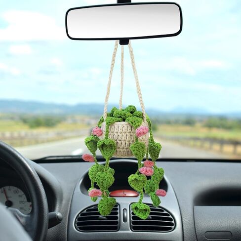 Crochet Hanging Plant for Car Cute Potted Plants Crochet Decor Car Mirror Hanging Accessories Rear View Ornament Hanging Boho Handmade Knitted Pendant (Dark Green) in Saudi Arabia