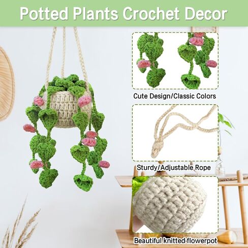 Crochet Hanging Plant for Car Cute Potted Plants Crochet Decor Car Mirror Hanging Accessories Rear View Ornament Hanging Boho Handmade Knitted Pendant (Dark Green) in Saudi Arabia