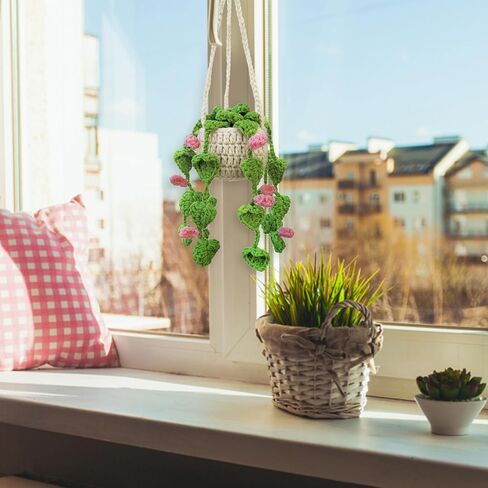 Crochet Hanging Plant for Car Cute Potted Plants Crochet Decor Car Mirror Hanging Accessories Rear View Ornament Hanging Boho Handmade Knitted Pendant (Dark Green) in Saudi Arabia