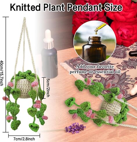 Crochet Hanging Plant for Car Cute Potted Plants Crochet Decor Car Mirror Hanging Accessories Rear View Ornament Hanging Boho Handmade Knitted Pendant (Dark Green) in Saudi Arabia