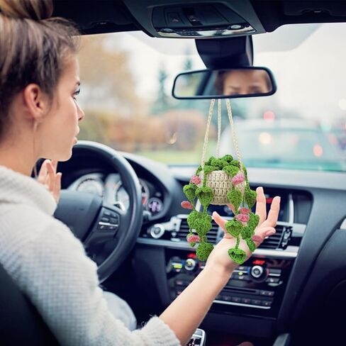 Crochet Hanging Plant for Car Cute Potted Plants Crochet Decor Car Mirror Hanging Accessories Rear View Ornament Hanging Boho Handmade Knitted Pendant (Dark Green) in Saudi Arabia