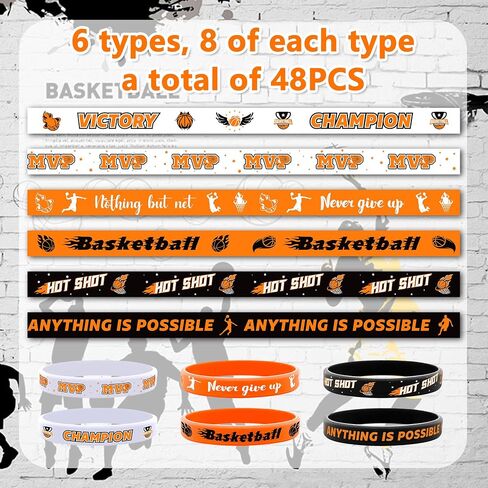 48 PCS Basketball rubber bracelets Basketball motivational silicone wristband Basketball party favor for kids Basketball theme birthday party Adults Teenagers Sports Gifts Supplies 6 Styles in Saudi Arabia