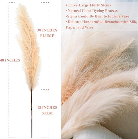 ChagoArt-Faux Pampas Grass Large-3 Stems-45 Beige-Pampas Grass Decor Tall-Pompas Grass Branches-Fluffy Artificial Pampas Grass-Fake Pampas Grass Vase Filler-Pompous Grass-Dried Pampas Grass-Feather in Saudi Arabia