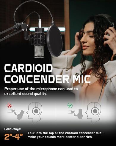 ميكروفون مكثف XLR، مجموعة ميكروفون تسجيل قلبي احترافي مع غشاء 25 مم للبث والبث والغناء والصوت وميكروفون الاستوديو مع ذراع بوم وفلتر بوب (AC22) in Kuwait