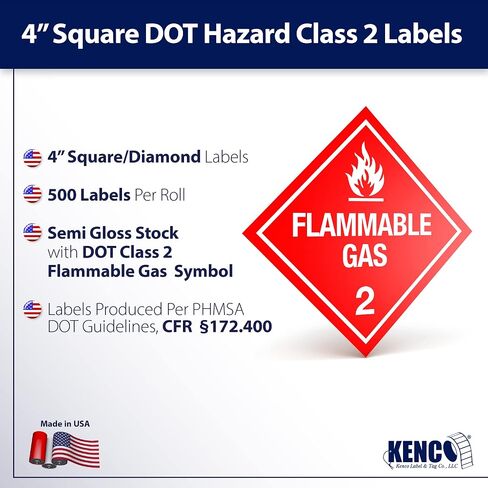 D.O.T. Labels - Hazard Class 2 DOT Flammable Gas Hazmat Labels 4" X 4" Square Stickers - 500 Adhesive Labels Per Roll, Made in The USA by Kenco (1) in Saudi Arabia