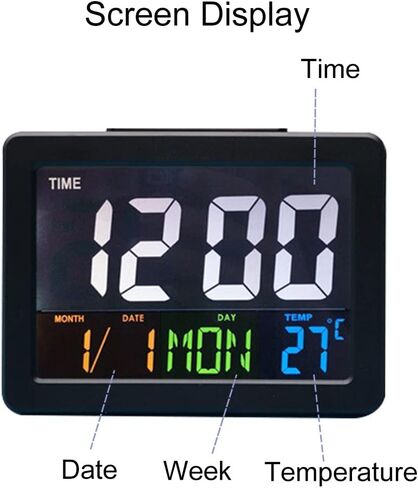 LCD Digital Alarm Clock, Color Large Screen with Snooze Function Temperature Week Date Time Simple Battery Supply for Outdoor Students Living Room in Saudi Arabia