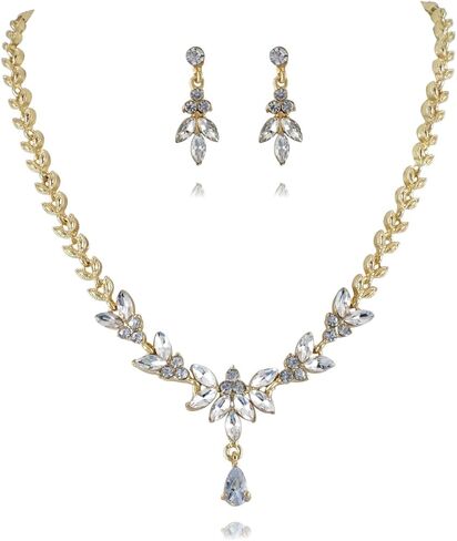 Stunning Elegant Rhinestone Leaf Marquise Cluster Y-Necklace Dangle Earrings Bridal Wedding Party Costume Jewelry Sets for Brides Women in Saudi Arabia