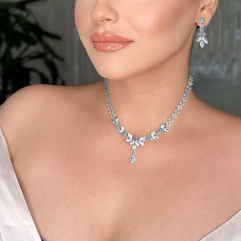 Stunning Elegant Rhinestone Leaf Marquise Cluster Y-Necklace Dangle Earrings Bridal Wedding Party Costume Jewelry Sets for Brides Women in Saudi Arabia