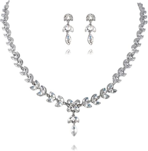 Stunning Elegant Rhinestone Leaf Marquise Cluster Y-Necklace Dangle Earrings Bridal Wedding Party Costume Jewelry Sets for Brides Women in Saudi Arabia