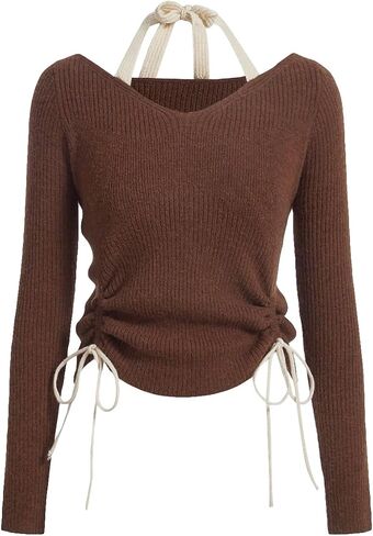 Verdusa Women's Drawstring Ruched Halter Neck Shirt Long Sleeve Knit Sweater Top in Saudi Arabia