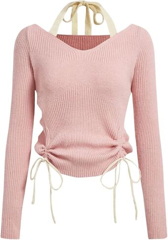 Verdusa Women's Drawstring Ruched Halter Neck Shirt Long Sleeve Knit Sweater Top in Saudi Arabia