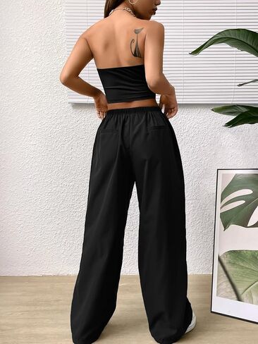 OYOANGLE Women's 2 Piece Strapless Backless Crop Tube Top and Wide Leg Cargo Pants Set Jumpsuit in Saudi Arabia