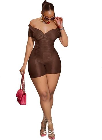 PRIVIMIX طقم نسائي مكون من قطعتين شورت مثير مكشوف الأكتاف ملابس نادي Bodycon بدلة رياضية بني L in Kuwait