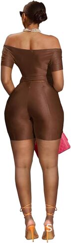 PRIVIMIX طقم نسائي مكون من قطعتين شورت مثير مكشوف الأكتاف ملابس نادي Bodycon بدلة رياضية بني L in Kuwait