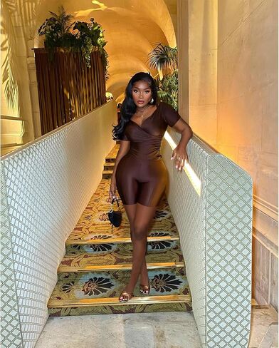 PRIVIMIX طقم نسائي مكون من قطعتين شورت مثير مكشوف الأكتاف ملابس نادي Bodycon بدلة رياضية بني L in Kuwait