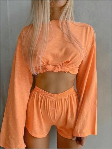 SOLY HUX Women's Lounge Sets 2 Piece Pajamas Set Long Sleeve Tops and Shorts Sleepwear Nightwear in Saudi Arabia