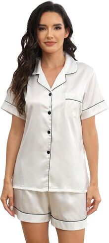 Super Shopping-zone Women's Satin Pajama Set Silk Pjs Button Down Pajamas Short Sleeve Sleepwear Lounge Set in Saudi Arabia