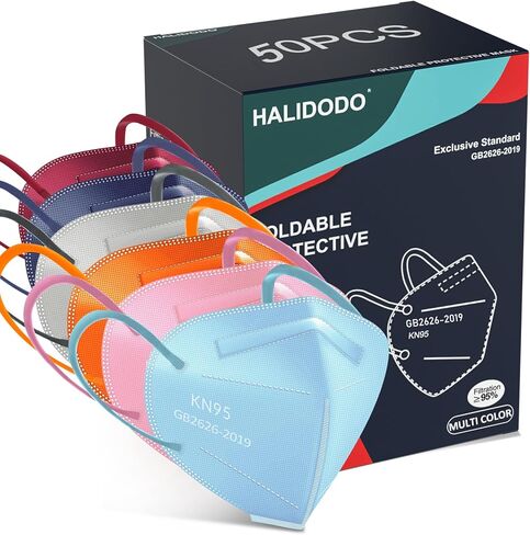 HALIDODO 50 Packs Individually Wrapped KN95 Face Mask, Disposable 5-Ply Breathable & Comfortable Filter Safety Mask with Elastic Ear loop and Nose Bridge Clip, Multi Color in Saudi Arabia