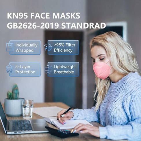 HALIDODO 50 Packs Individually Wrapped KN95 Face Mask, Disposable 5-Ply Breathable & Comfortable Filter Safety Mask with Elastic Ear loop and Nose Bridge Clip, Multi Color in Kuwait