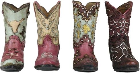 Ebros Gift Pack of 4 Rustic Western Cowboy Cowgirl Texas Longhorn Cow Silver Studs in Faux Tooled Leather Finish Boots Stationery Pen Pencil Make Up Tools Organizer Holder Figurines in Saudi Arabia