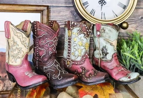 Ebros Gift Pack of 4 Rustic Western Cowboy Cowgirl Texas Longhorn Cow Silver Studs in Faux Tooled Leather Finish Boots Stationery Pen Pencil Make Up Tools Organizer Holder Figurines in Saudi Arabia