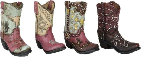 Ebros Gift Pack of 4 Rustic Western Cowboy Cowgirl Texas Longhorn Cow Silver Studs in Faux Tooled Leather Finish Boots Stationery Pen Pencil Make Up Tools Organizer Holder Figurines in Saudi Arabia