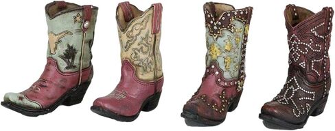Ebros Gift Pack of 4 Rustic Western Cowboy Cowgirl Texas Longhorn Cow Silver Studs in Faux Tooled Leather Finish Boots Stationery Pen Pencil Make Up Tools Organizer Holder Figurines in Saudi Arabia