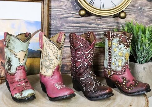 Ebros Gift Pack of 4 Rustic Western Cowboy Cowgirl Texas Longhorn Cow Silver Studs in Faux Tooled Leather Finish Boots Stationery Pen Pencil Make Up Tools Organizer Holder Figurines in Saudi Arabia