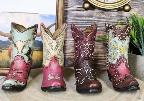 Ebros Gift Pack of 4 Rustic Western Cowboy Cowgirl Texas Longhorn Cow Silver Studs in Faux Tooled Leather Finish Boots Stationery Pen Pencil Make Up Tools Organizer Holder Figurines in Saudi Arabia