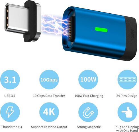 USB C Magnetic Adapter(2 Pack) 24Pins Magnetic USB C Adapter Straight,PD 100W Fast Charge,USB 3.1 10Gbps Transfer Speed,4K 60Hz Video Output for Thunderbolt 3,MacBook Pro/Air in Kuwait