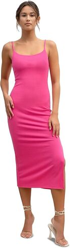 August Sky Women's Midi Dress - Sleeveless Cami Ribbed Adjustable Strap Stretch One Piece with Side Slit in Saudi Arabia