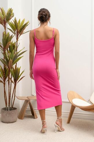 August Sky Women's Midi Dress - Sleeveless Cami Ribbed Adjustable Strap Stretch One Piece with Side Slit in Saudi Arabia