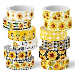 Whaline 12 Rolls Sunflower Washi Tape Watercolor Flower Plaid Washi Tape Yellow Floral Decorative Masking Tape for Summer Scrapbook Journal DIY Art Craft Gift Wrapping