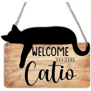BSIKAIK Welcome to the Catio Wood Sign Cat House Sign Cat Head Sign Hanging Cat Sign Catio Accessories Cat Themed Gift Cat Lover Mom Gift Wall Art Home Decor 8.8 X 10.2 Inches -DH121