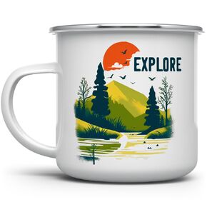 Explore Nature Travel Lover Campfire Coffee Mug, Outdoor Adventure Enthusiast Camping Cup, Mountains Wildlife Hiking Camp Gift (12oz)