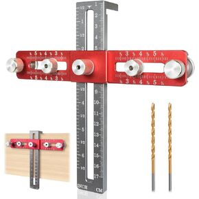 Cabinet Hardware Jig, Adjustable Cabinet Handle Template Tool with Alignment Hole, Punch Locator Drill Guide for Knobs,Handles and Pulls (Red-Grey)