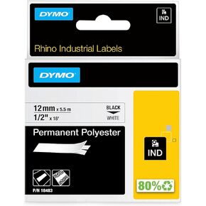 DYMO Rhino Industrial Permanent Polyester Labels, 1/2", Black Print on White Tape