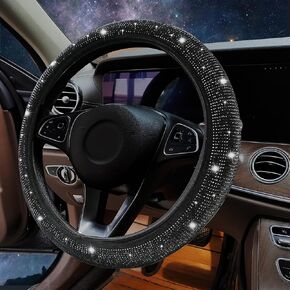 Bling Steering Wheel Cover, 15 Inch Universal White Crystal Rhinestone Diamond Bling Accessories Anti-Slip Wheel Protectorfor Vehicle, Car, Auto, SUV and More (Black Diamond)