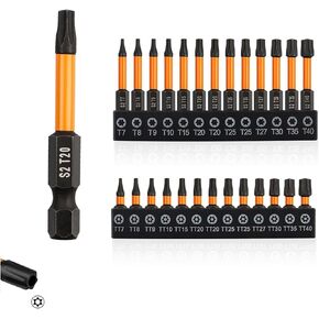 Torx screwdriver set 26pcs(T7-T40 TT7-TT40) security torx bit set,tamper proof torx bit set,1/4 hex bit set,Two size options with and without holes in the center.