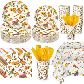 Domensi 170 Pcs Fiesta Party Decorations Supplies Mexican Theme Tableware Set for 24 Guests Disposable Mexican Paper Plate Cup Napkin Tablecloth for Cinco de Mayo Birthday, Taco Party(White)