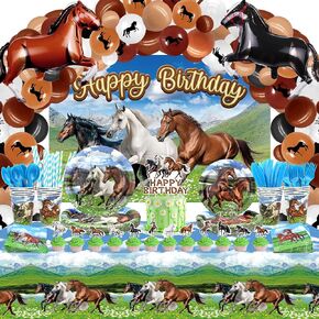 Horse Birthday Party Decoration - Horse Party Favors, Plates Cups Napkins Tablecloth Cutlery Happy Birthday Backdrop Balloons Arch Cake Toppers for Horse Racing Cowboy Western Birthday Party Supplies