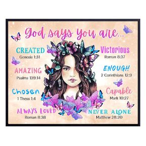 Teal Blue Wall Decor for Tweens - Light Purple and Pink Bible Verse Girls Room Decor for Teens Bedroom - God Says You Are Wall Art Christian Gifts - Religious Butterfly Decorations Wall Art for Girls