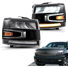 VLAND Projector Led Headlights Compatible with 2007-2013 Silverado 1500 / 2500HD /3500HD (No fit 2007 Silverado Classic) w/Black Trim Panel, w/Blue Breathing Lighting, Passenger&Driver Sides