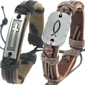 Leather Christian Bracelets for Men and Teenage Boys, Religious Gifts with a Cross and Sign Of The Fish