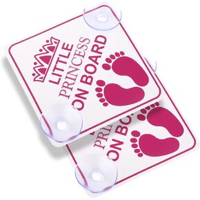 Car Safety Warning Signs Sticker, 2 Pcs 5" x 5" Little Princess on Board Car Bumper Stickers Removable Waterproof Car Decals Accessories with Double Suction Cups for Vehicles & Windows(Pink)