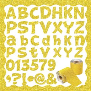 216Pcs Glitter Bulletin Board Letters and 65.6ft Glitter Bulletin Board Borders Adhesive Decorative Bulletin Board Trim Alphabet Number Post Board Letters Punctuation for Classroom(Gold)
