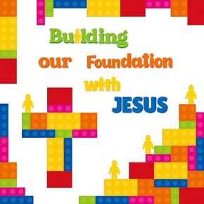 Building Bricks Christian Bulletin Board - 91Pcs First Day of School Building Our Foundation with Jesus Board Trim, Religious Building Blocks Cutouts for Sunday School Classroom Chalkboard