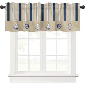 Nautical Farmhouse Short Window Curtain Valances, Navy Blue Brown Ocean Coastal Rudder Anchor Rod Pocket Kitchen Valances for Living Room Bedroom Bathroom Cafe, 1 Panel - 42" x 12"