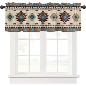 Blue Brown Western Farmhouse Short Window Curtain Valances, Southwest Modern Geometric Abstract Art Rod Pocket Kitchen Valances for Living Room Bedroom Bathroom Cafe, 1 Panel - 42" x 12"